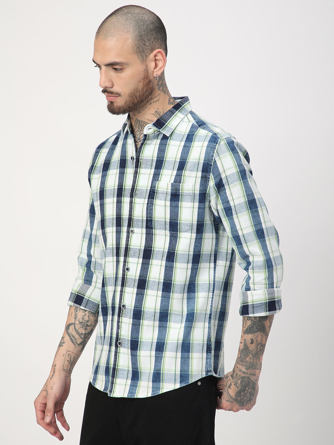 Denim Green & Navy Plaid Checks Shirt