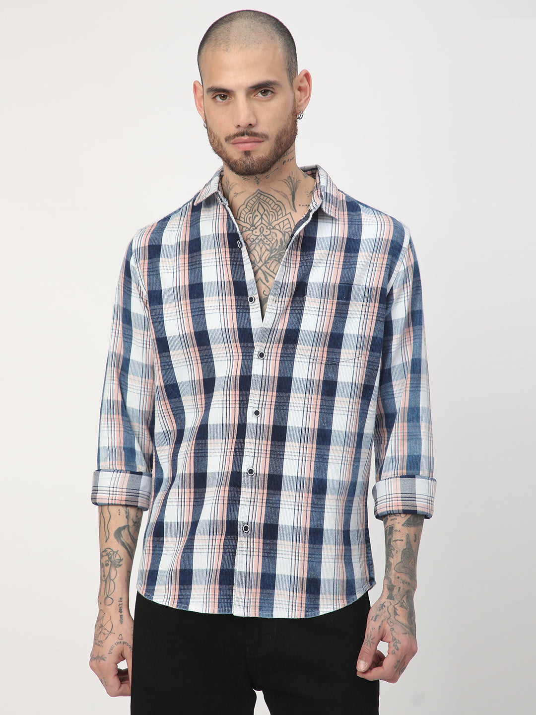 Denim Peach & Navy Plaid Checks Shirt