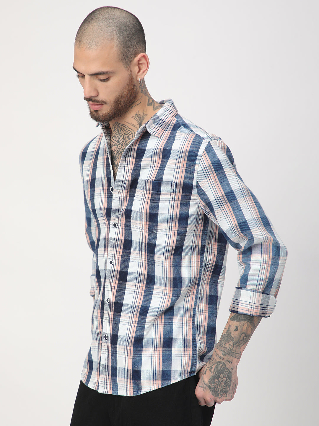 Denim Peach & Navy Plaid Checks Shirt