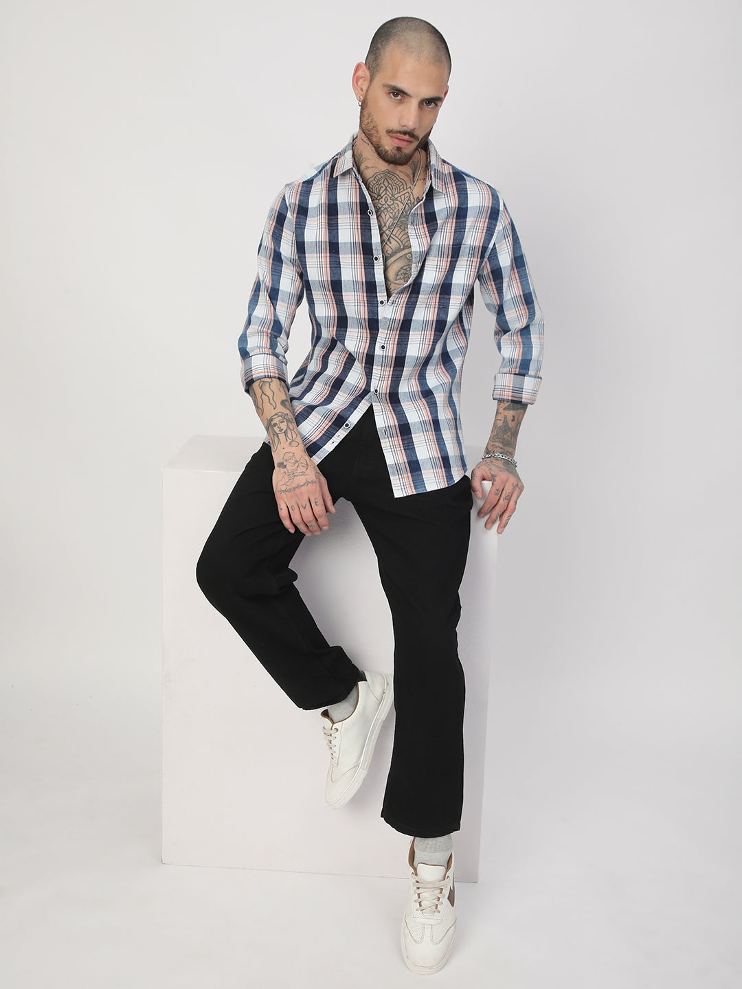 Denim Peach & Navy Plaid Checks Shirt
