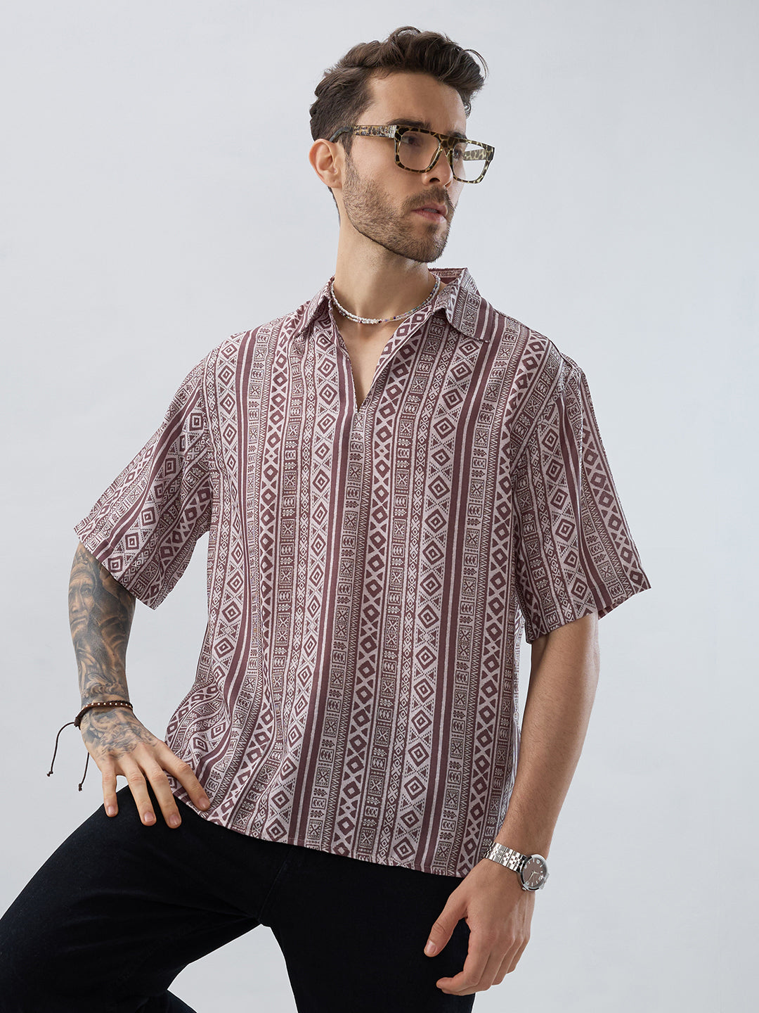 Pecan Brown Geometric Printed Oversized Polo Shirt