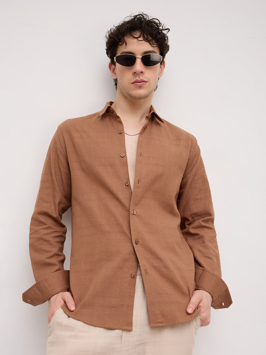 Russet Brown Crossgrain Micro Textured Shirt - Image 1