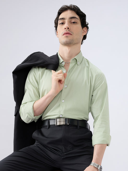 Tea Green Button-Down Collar Satin Shirt