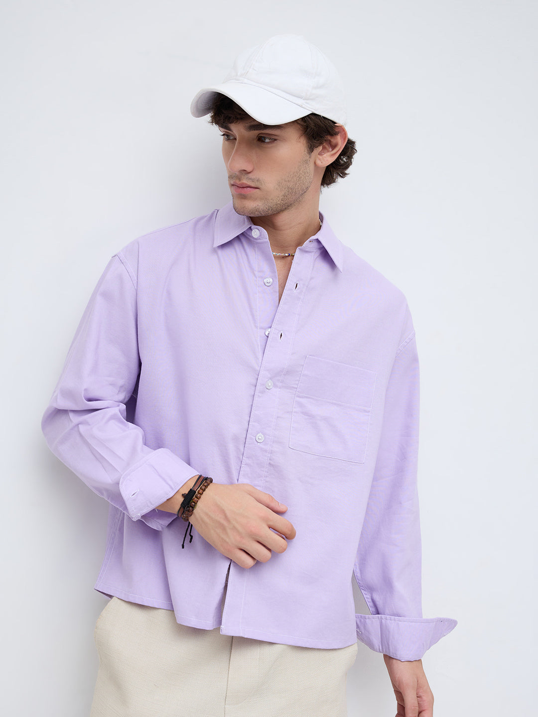 Pastel Lavender Linen Blend Boxy Fit Crop Shirt