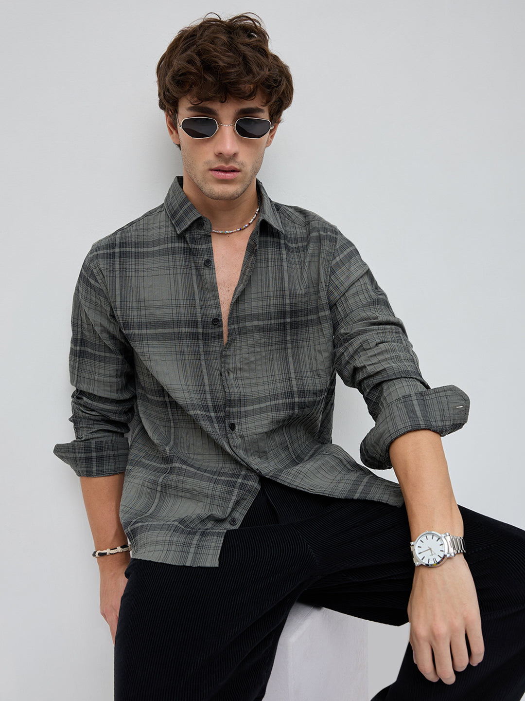 Olive & Black Plaid Checks Textured Shirt - Image 1