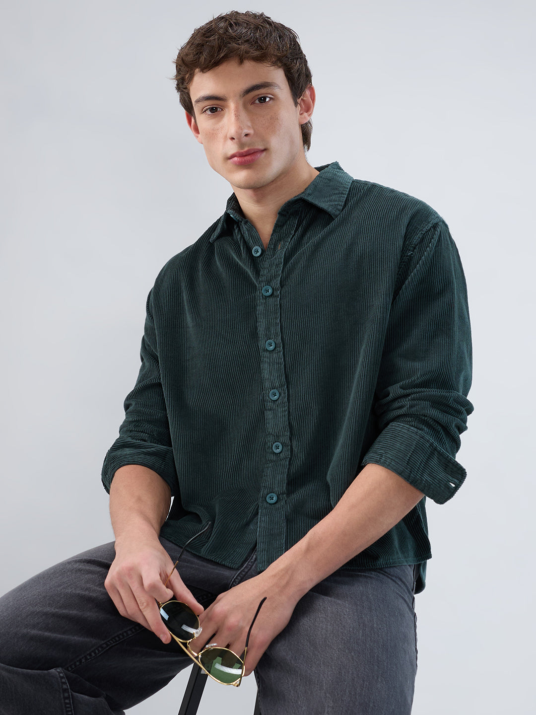 Sacremento Green Corduroy Boxy Fit Crop Shirt - Image 1