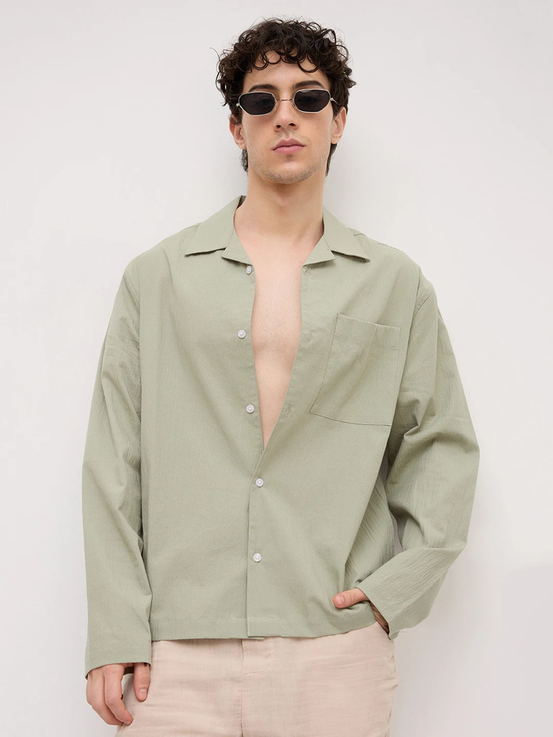Pistachio Green Fine Textured Notch Collar Oversized Shirt - Image 1