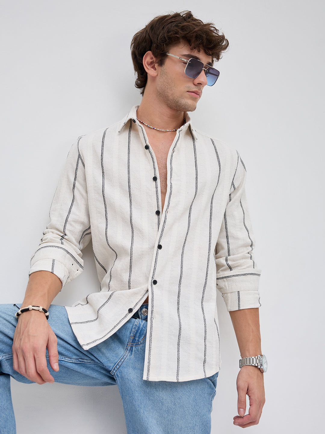 Ivory & Black Embroidered Striped Shirt - Image 1