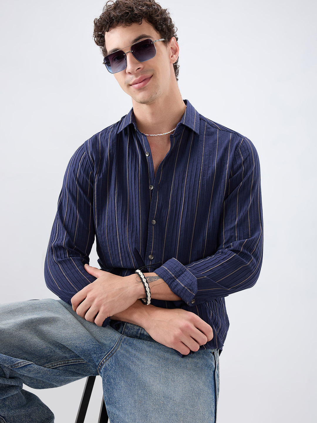 Intricate Navy & Olive Raised Striped Shirt - Image 1