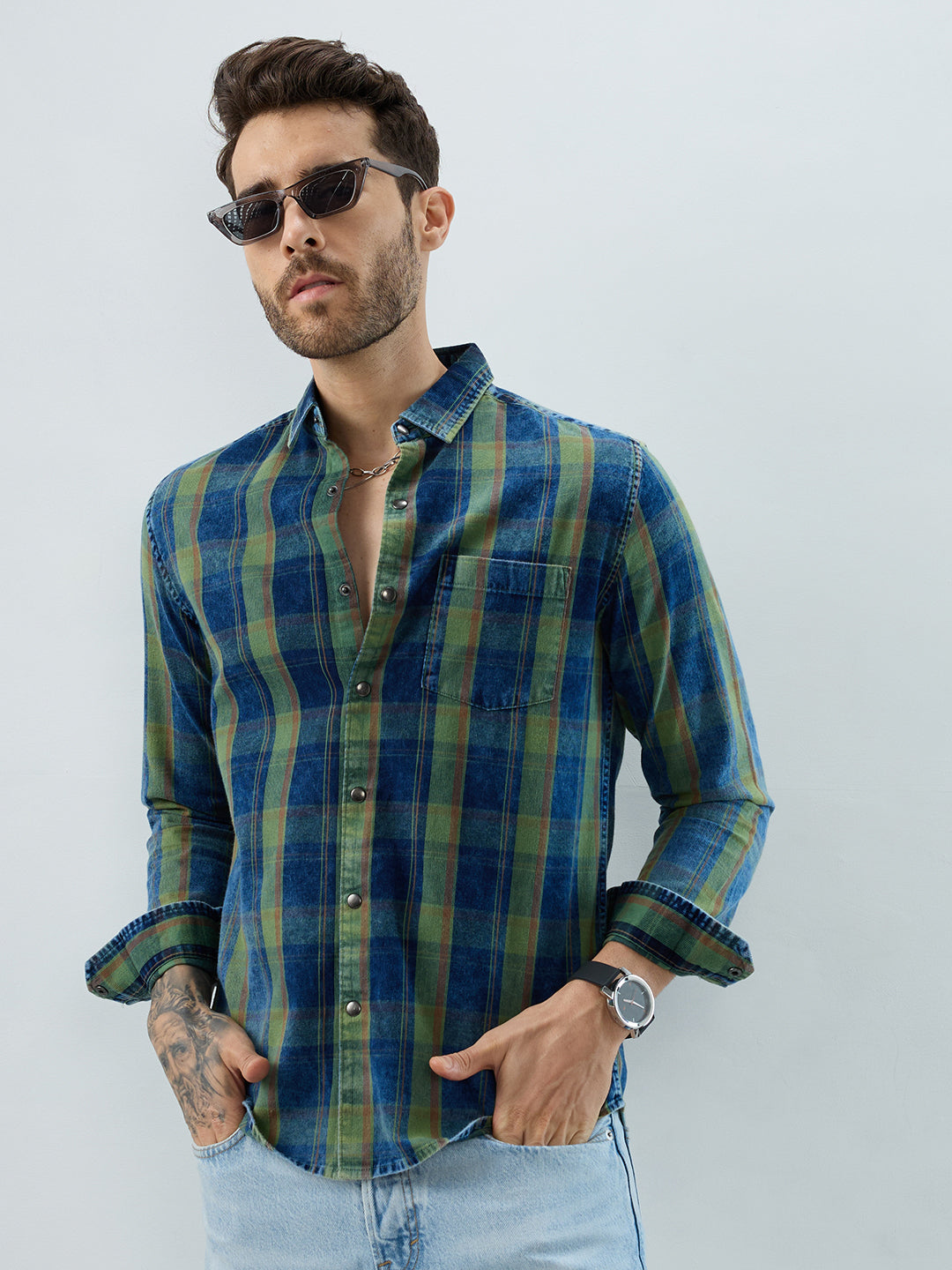Versatile Navy & Green Denim Plaid Shirt - Image 1