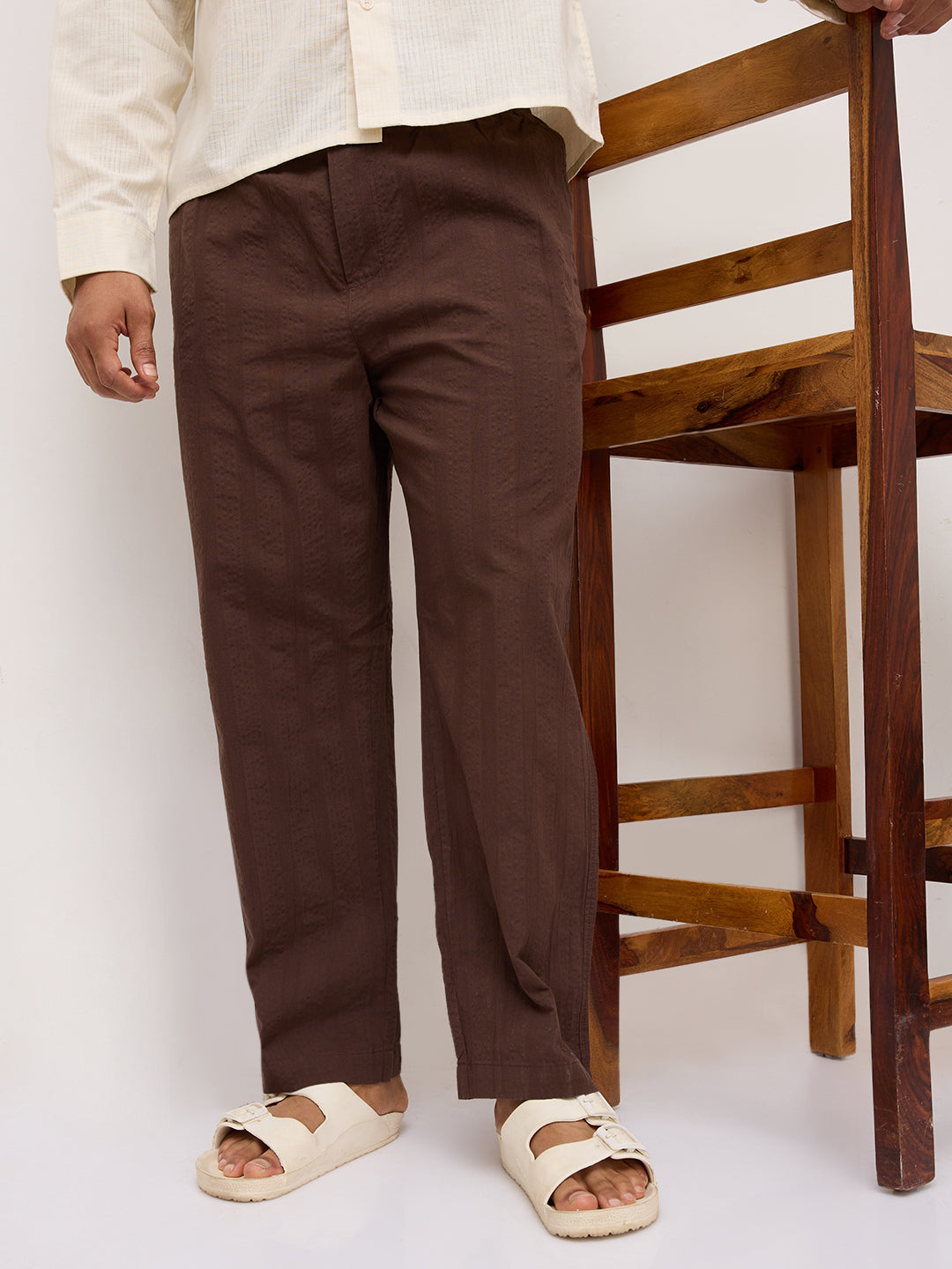 Coffee Brown Seersucker Striped Tapered Trousers