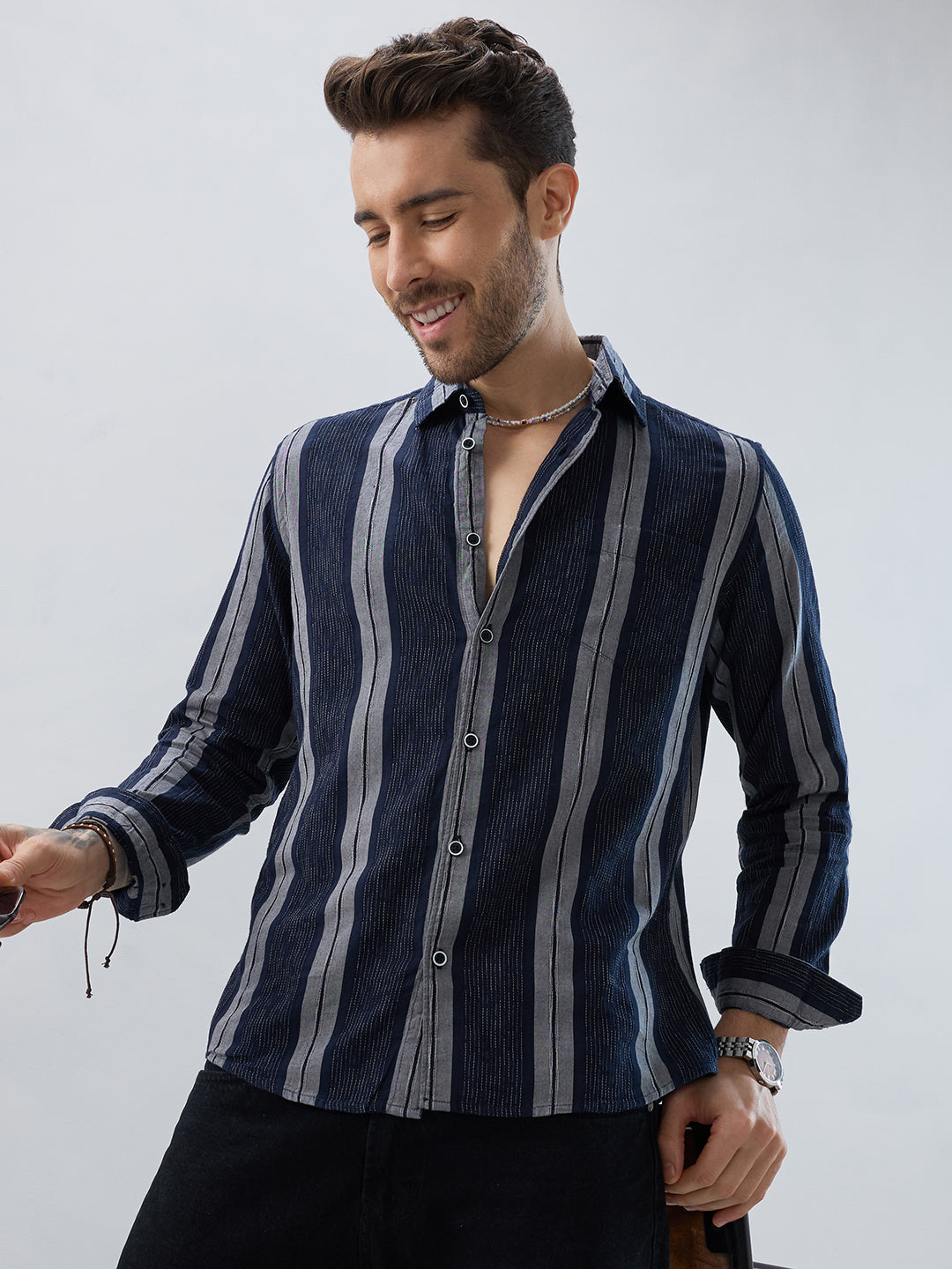 Navy Contrast Stitch Vertical Stripe Jacquard Shirt