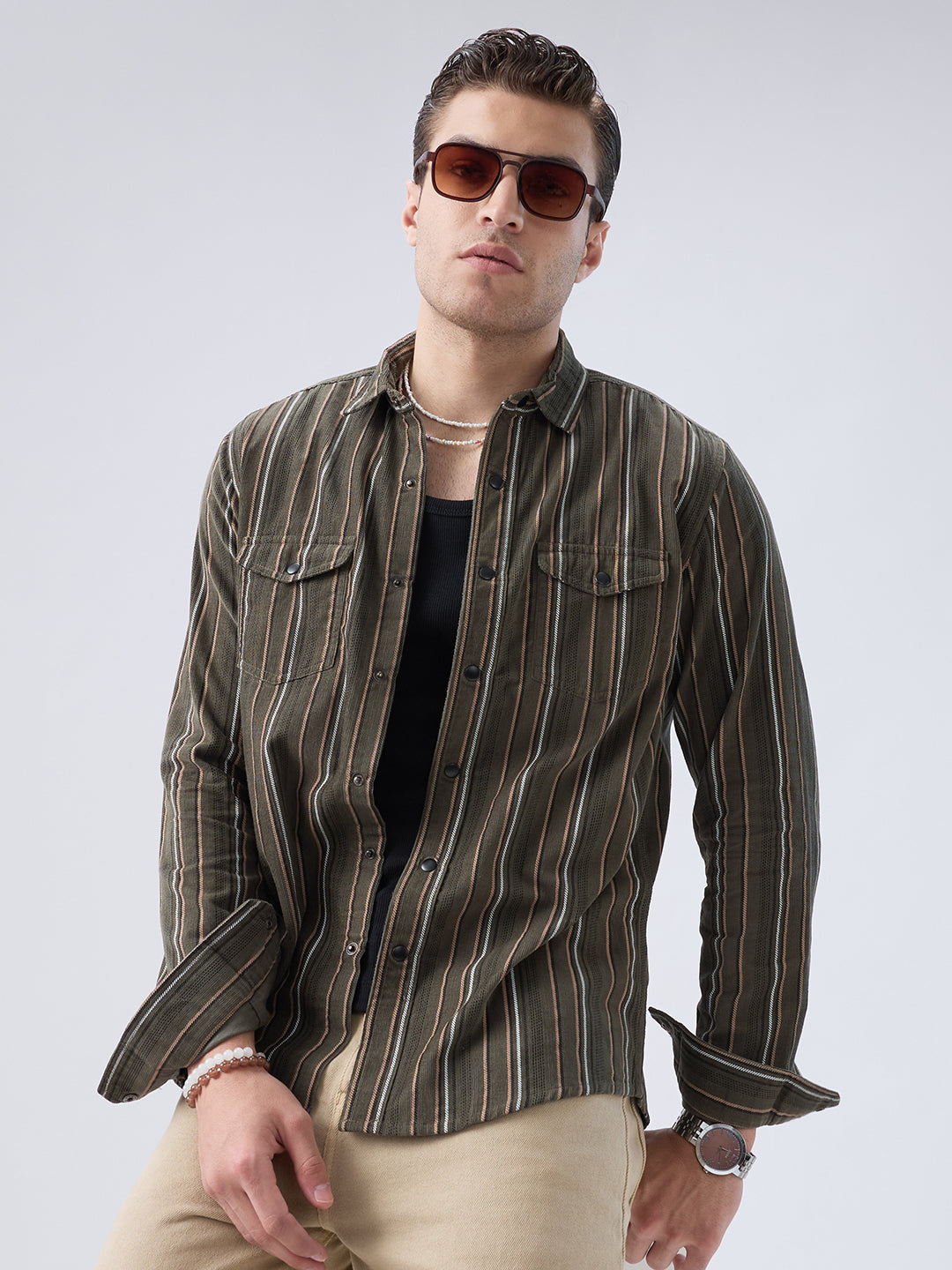 Forest Vibe Multi-Stripe Olive Twin Pocket Corduroy Shirt