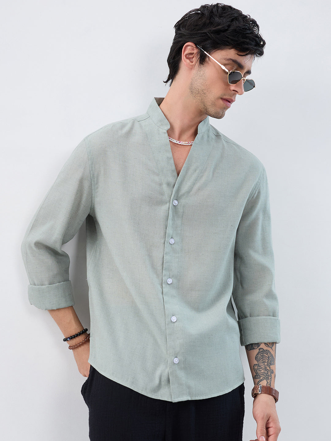 Premium Seafoam Green Linen Blend Stand-Collar Shirt - Image 1