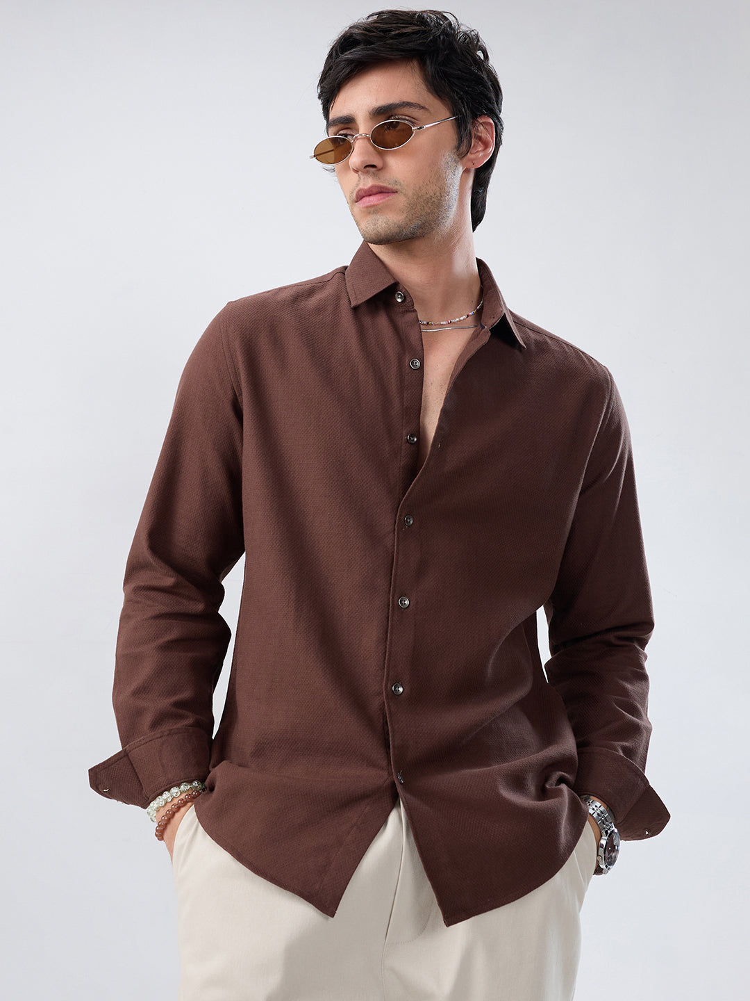 Hickory Brown Subtle Jacquard Shirt - Image 1