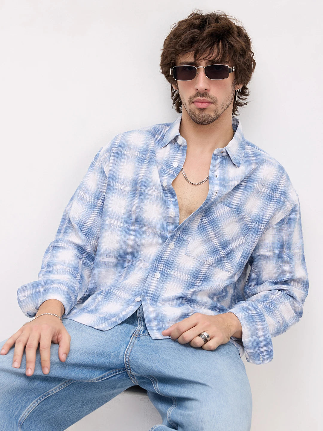 Blue Shadow Checks Handloom Crop Shirt - Image 1
