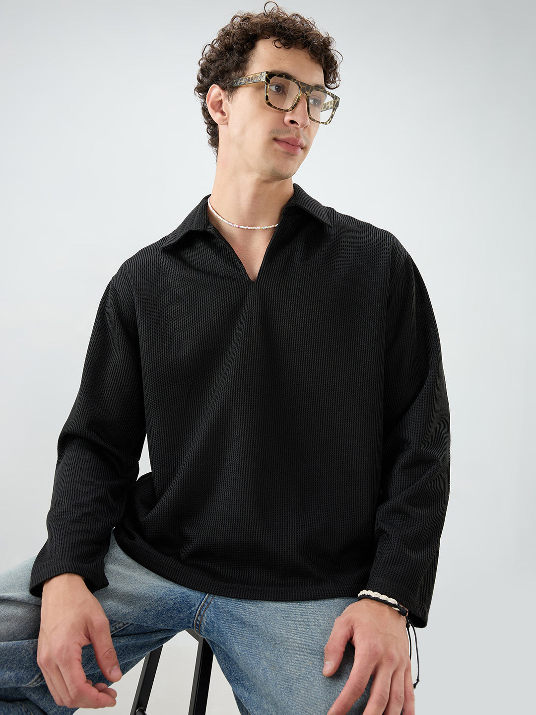 Black Refined Textured Knitted Oversized Polo Shirt - Image 1