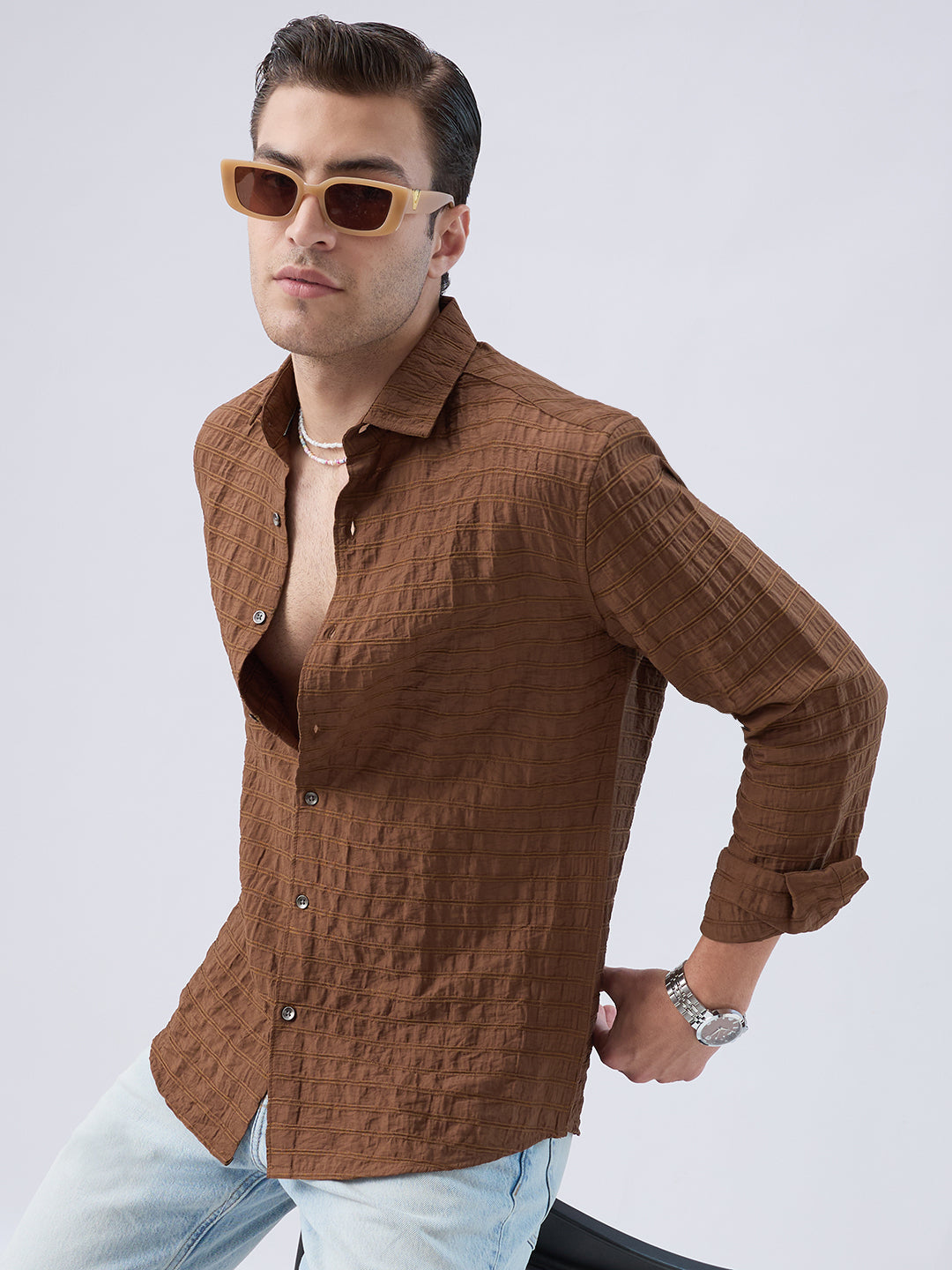 Brown Horizontal Stripes Textured Crinkled Shirt