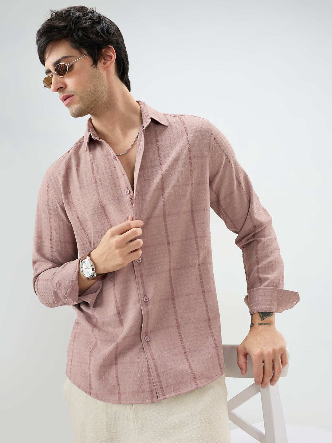 Vintage Peach Micro Checks Textured Shirt - Image 1