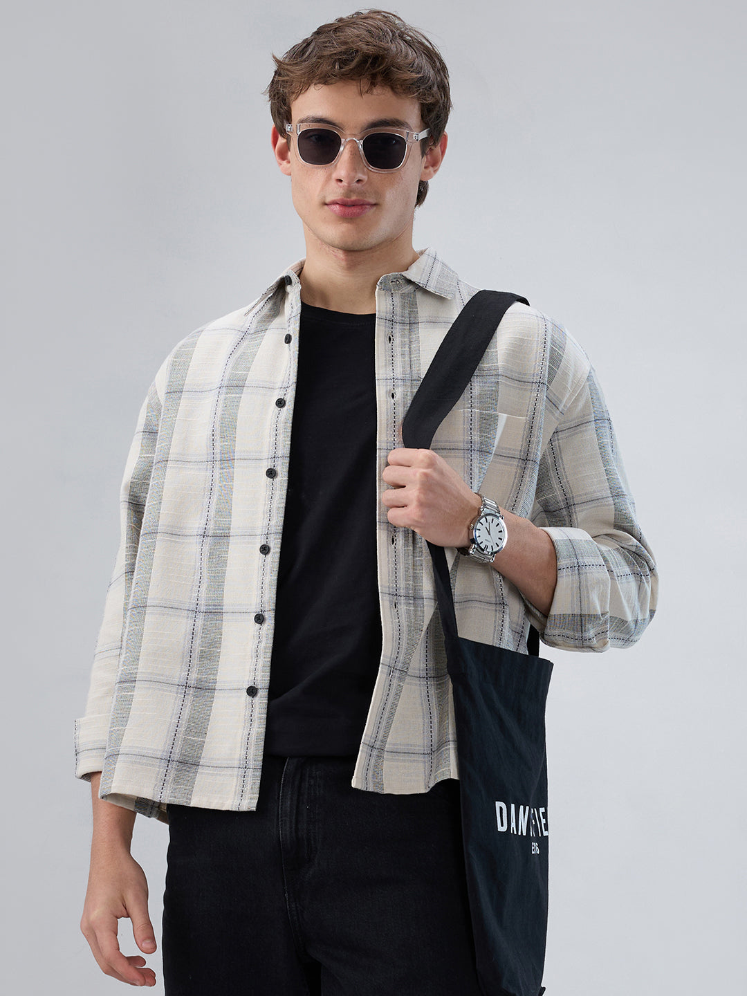 Off-White Grey Jacquard Checked Crop Shirt - Image 1
