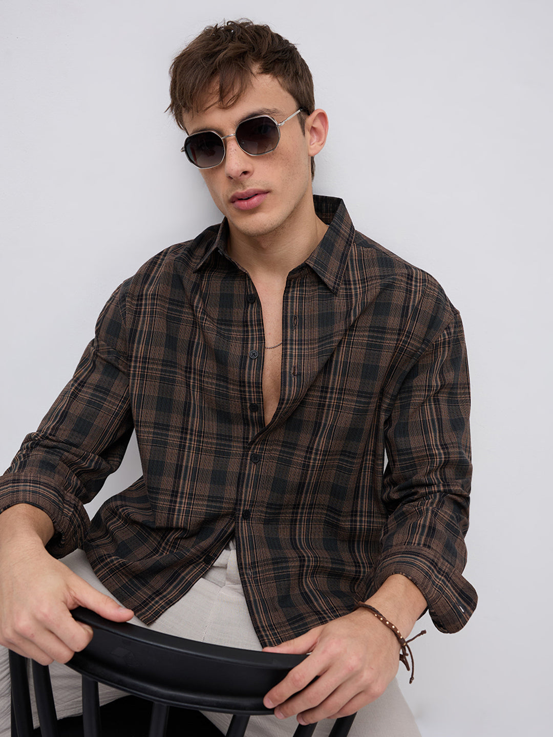 Vintage Roast Brown Fine Checks Boxy Fit Crop Shirt - Image 1