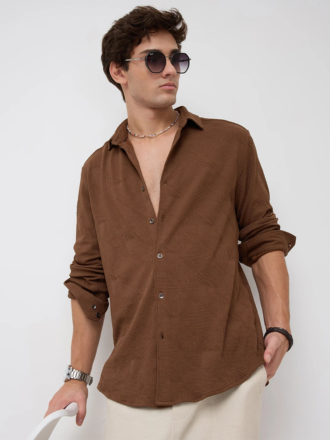 Refined Brown Maze Textured Knitted Shirt - Image 1