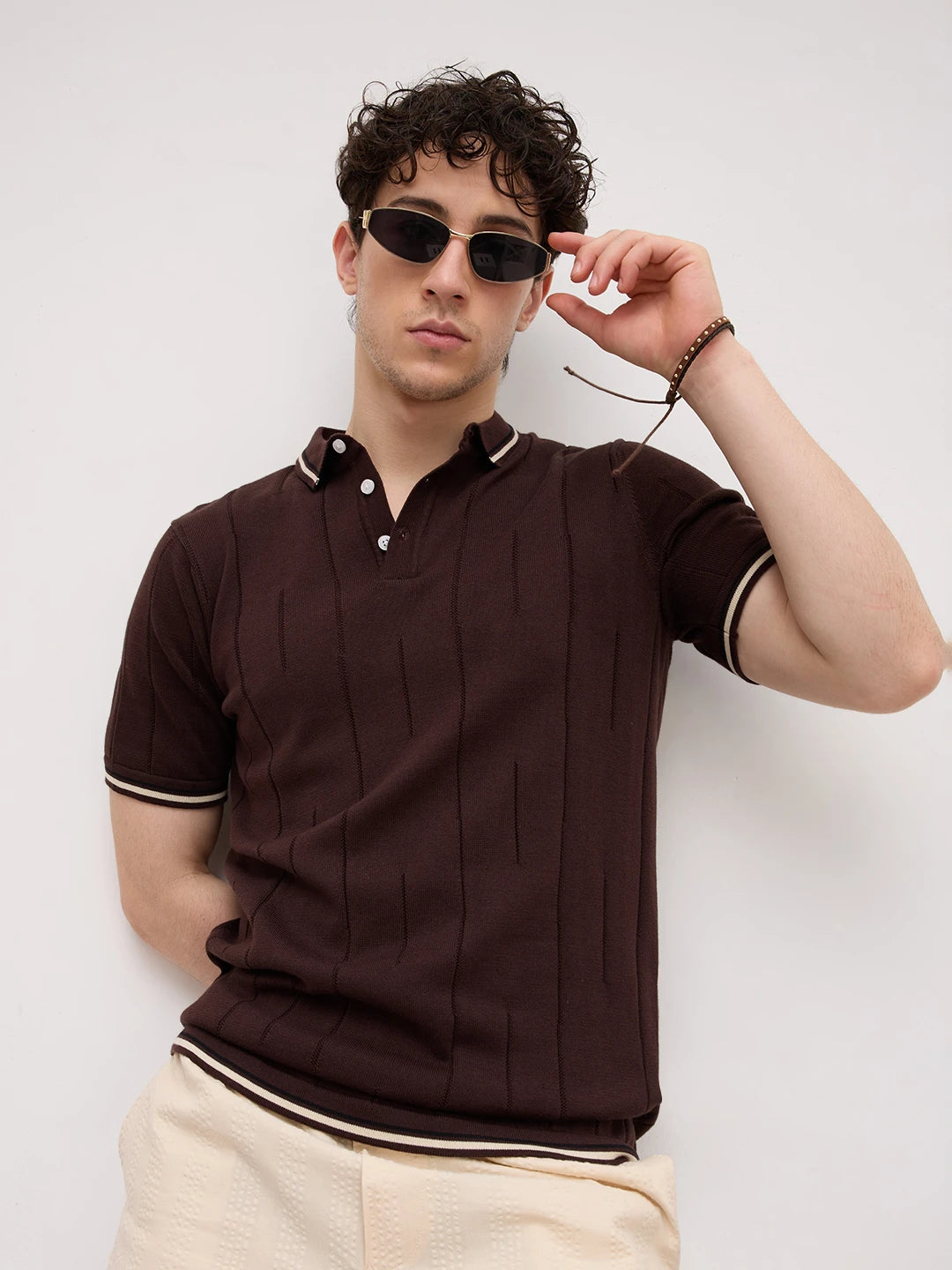 Espresso Ribline Polo Flat Knit T-Shirt Brown - Image 1