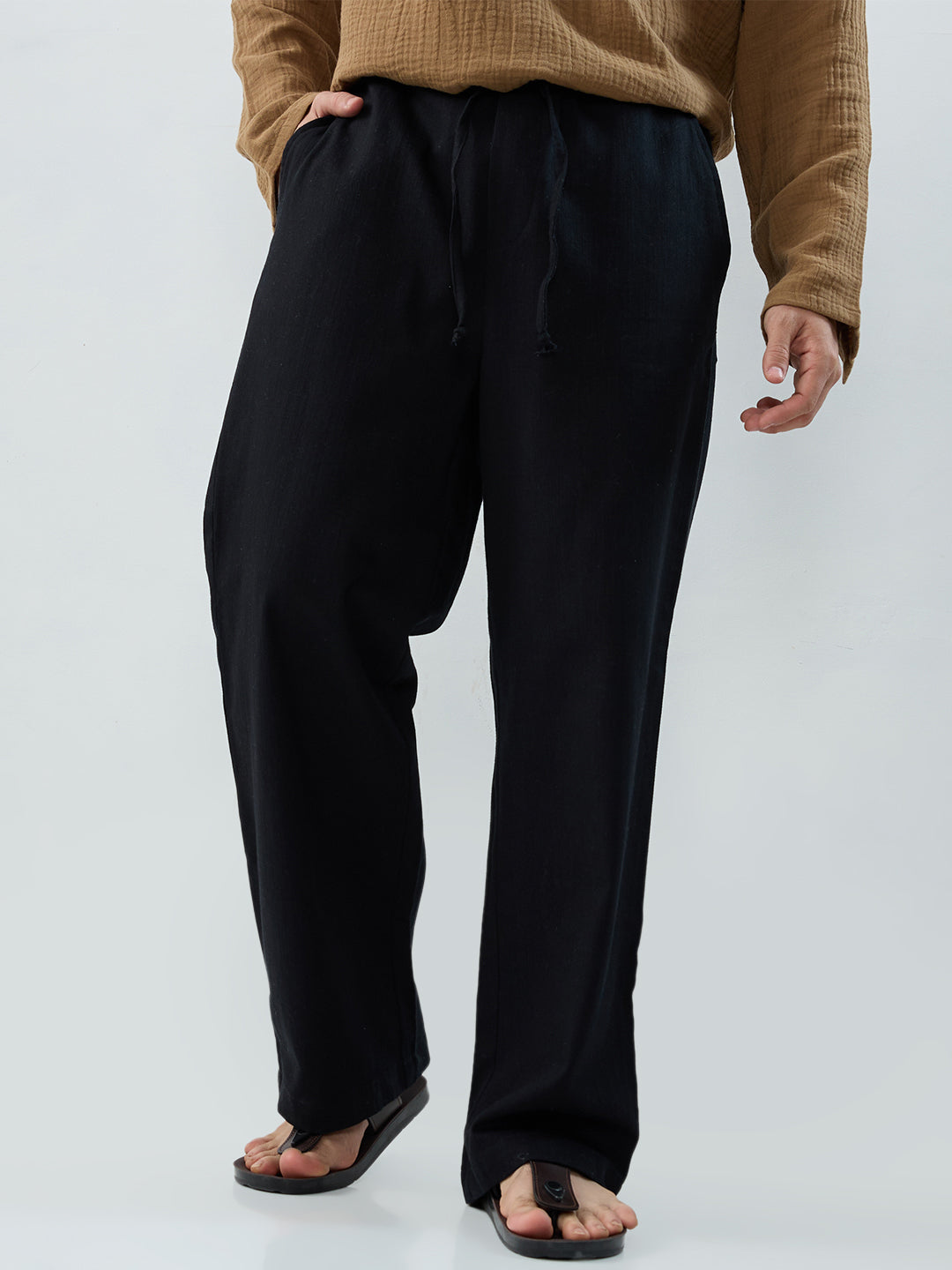 Solid Black Straight-Fit Trousers - Image 1