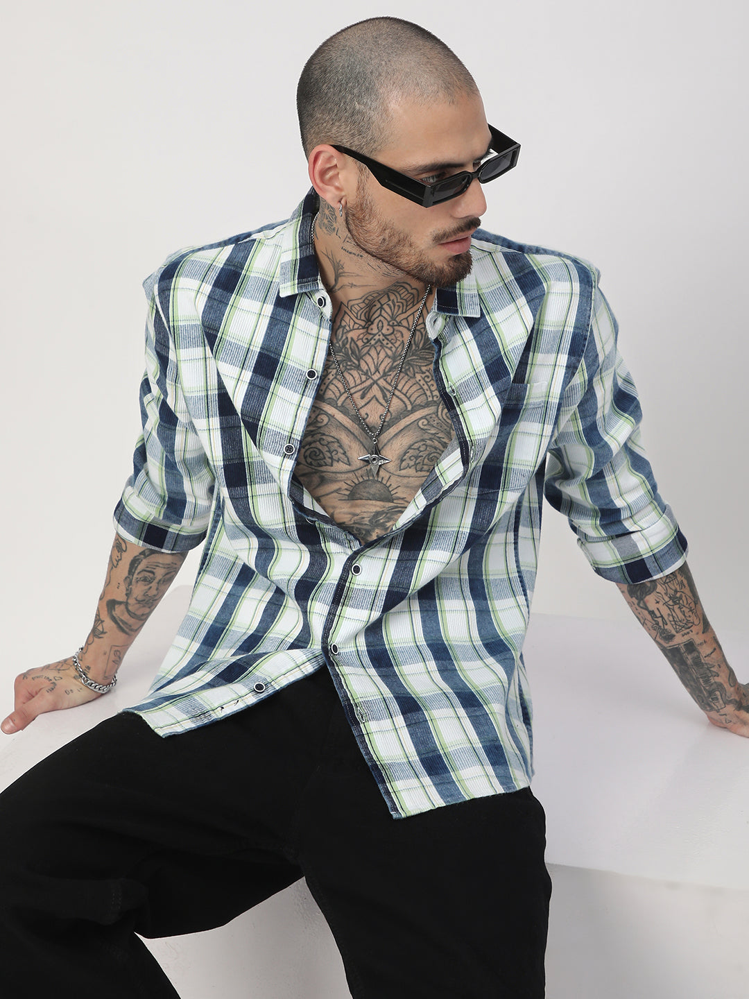 Denim Green & Navy Plaid Checks Shirt