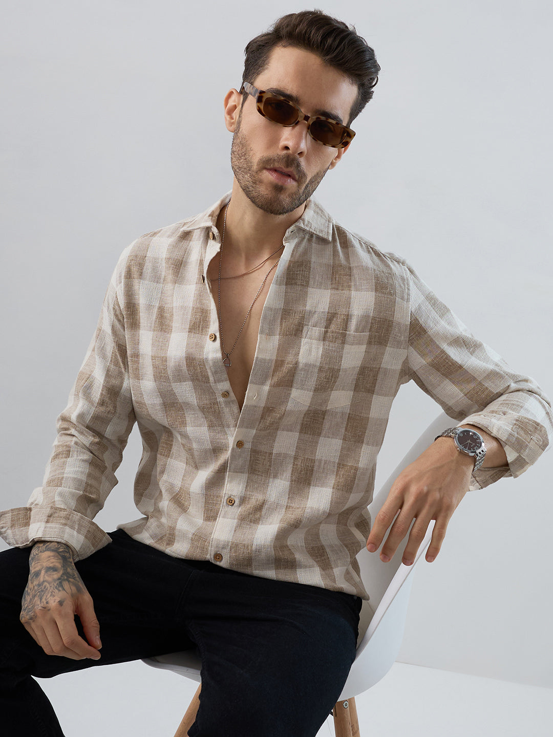 Vintage Khaki Linen Blend Square Checks Jacquard Shirt