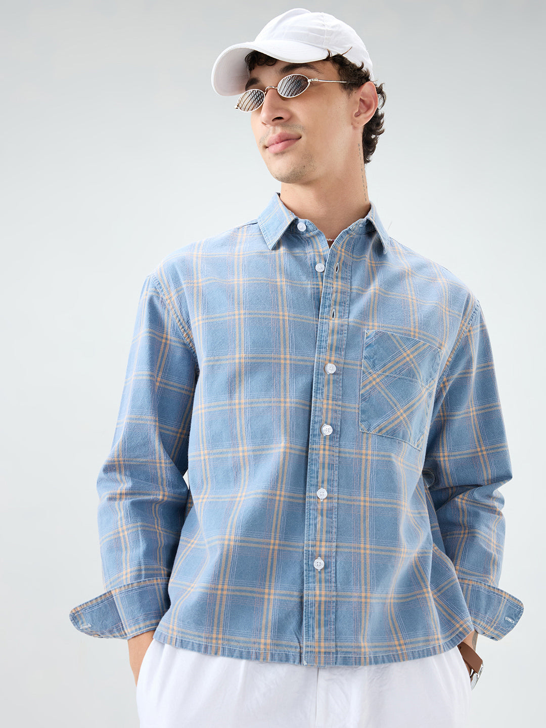 Denim Blue & Yellow Multi Line Checks Boxy Fit Crop Shirt - Image 1