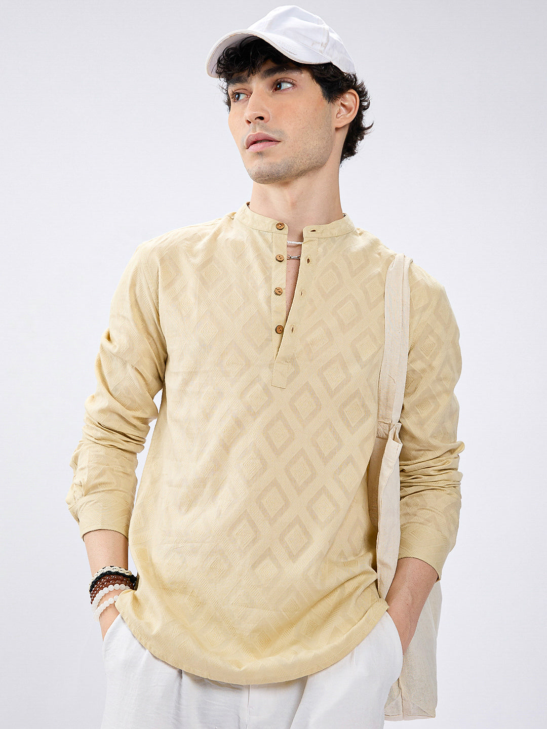 Soft Pale Yellow Diamond Woven Jacquard Kurta