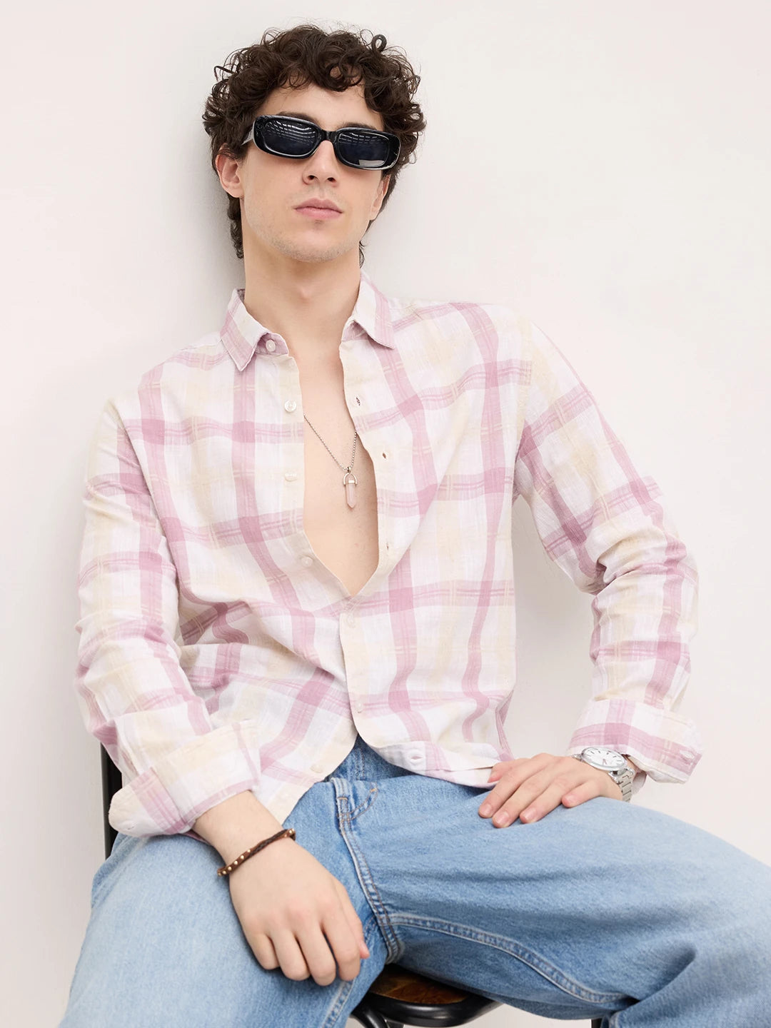 Soft Pink Fine Weave Plaid Linen Blend Shirt