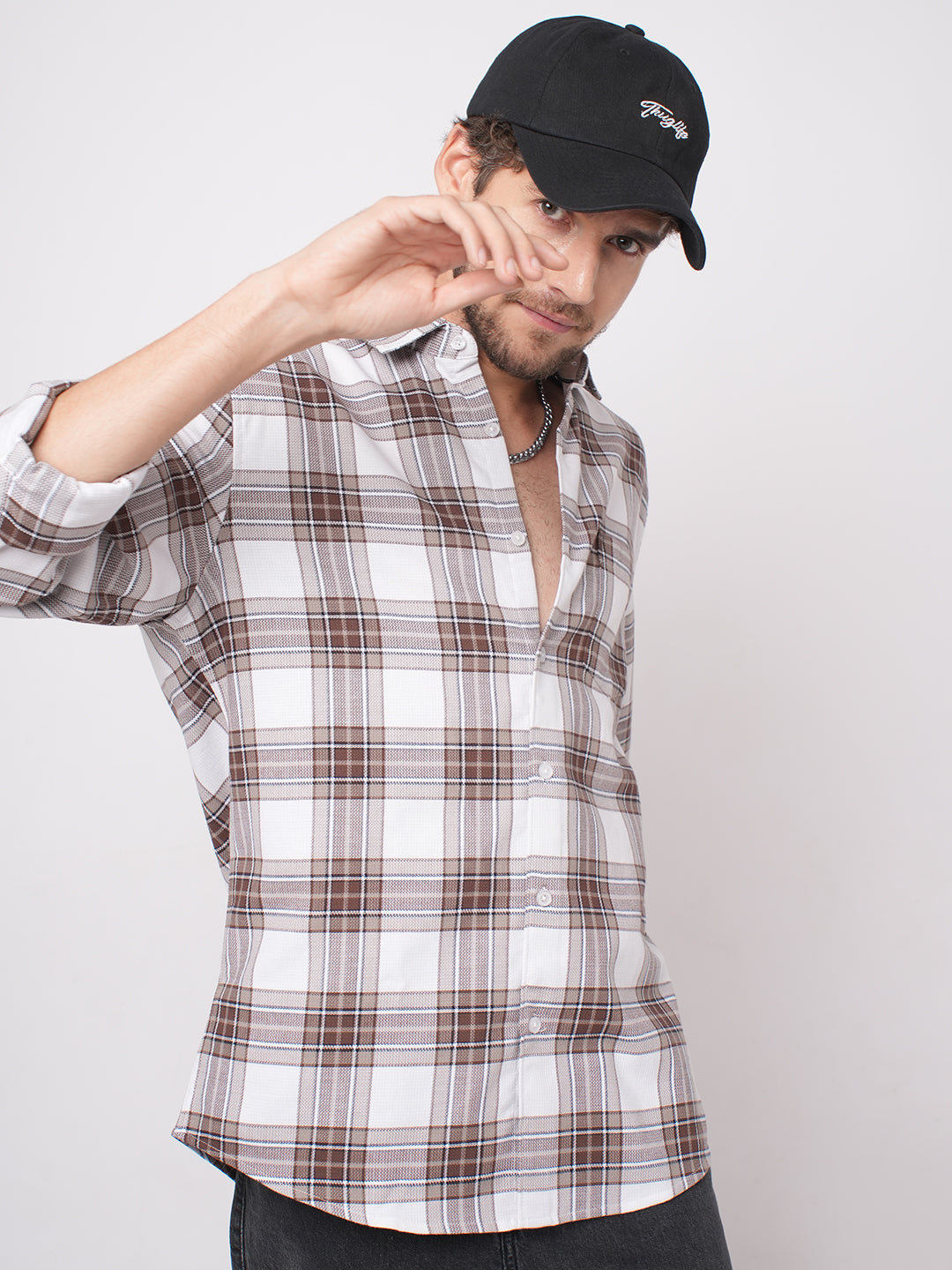 White & Umber Brown Bespoke Checks Shirt