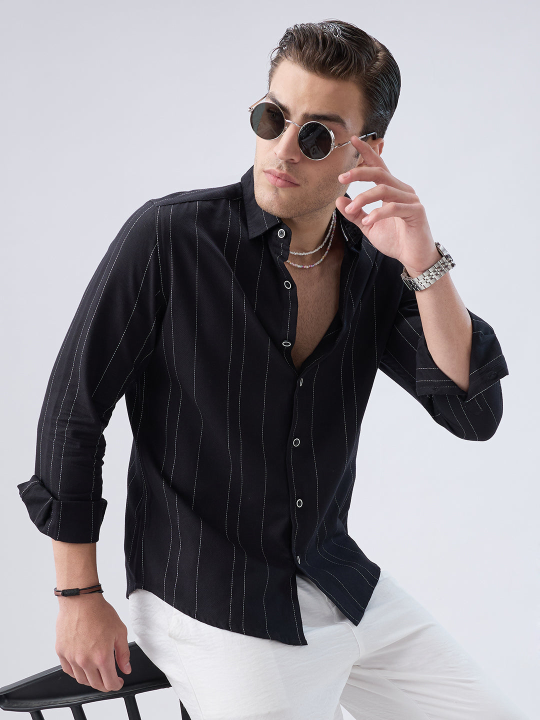 Black Contrast Stitch Vertical Striped Shirt