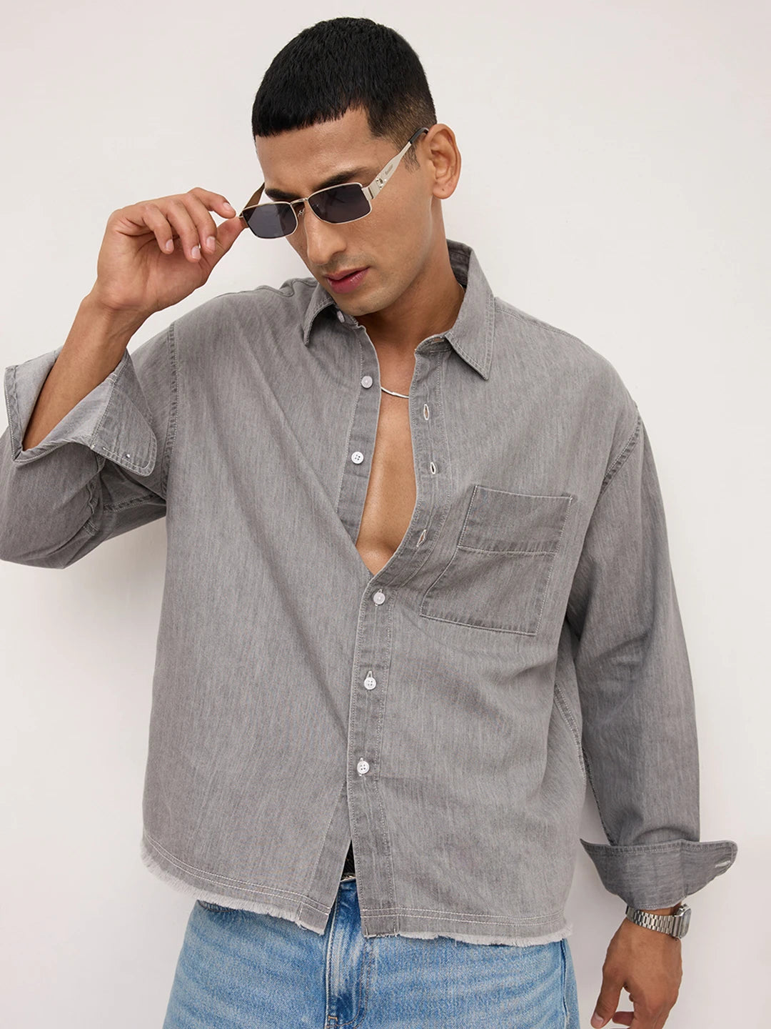 Denim Refined Stonewashed Grey Boxy Fit Crop Shirt - Image 1
