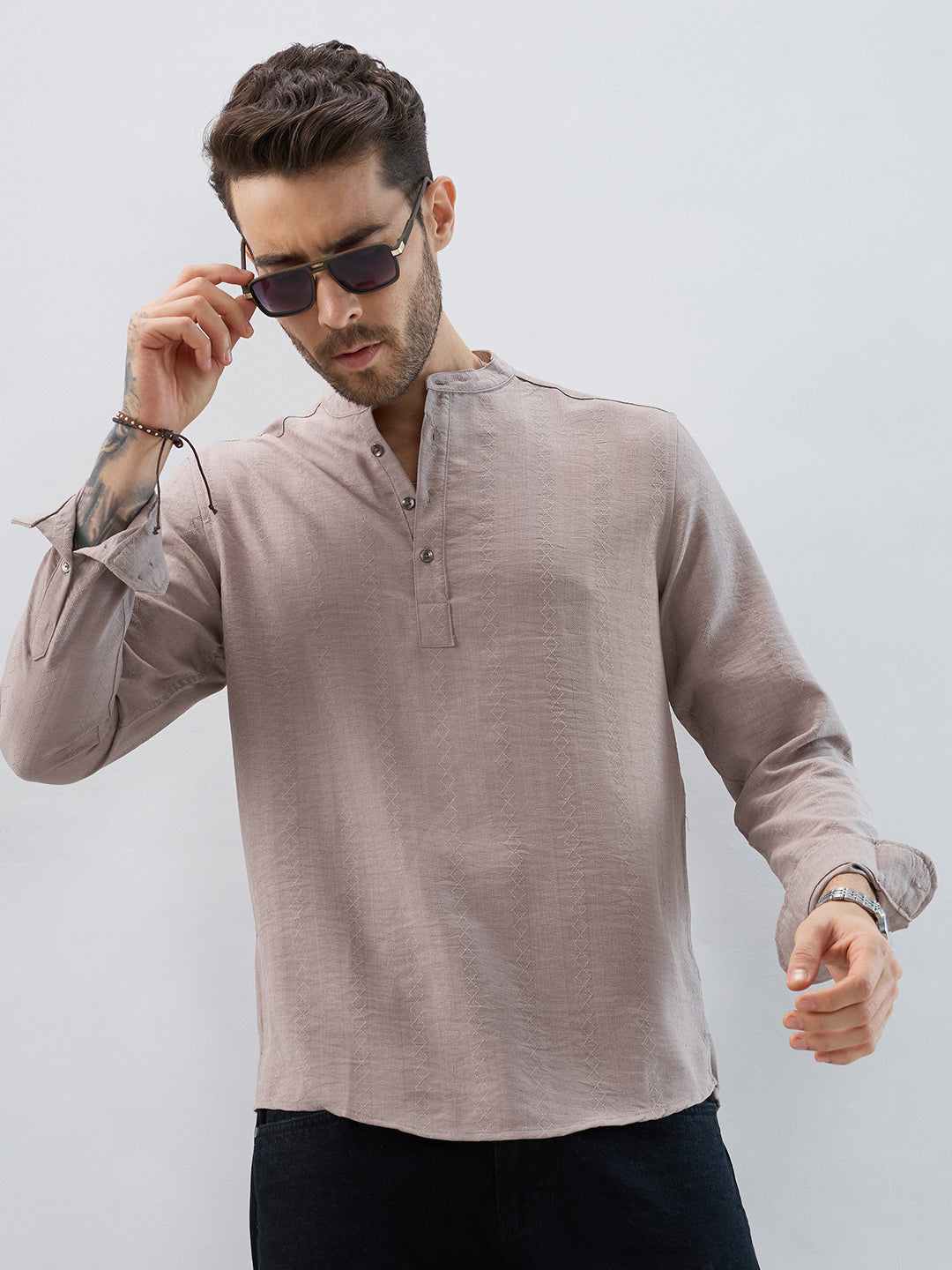 Taupe Lozenge Weave Striped Kurta