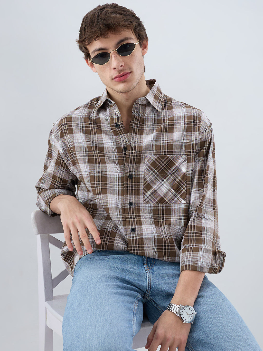 Deep Brown & White Plaid Checks Boxy Fit Crop Shirt - Image 1