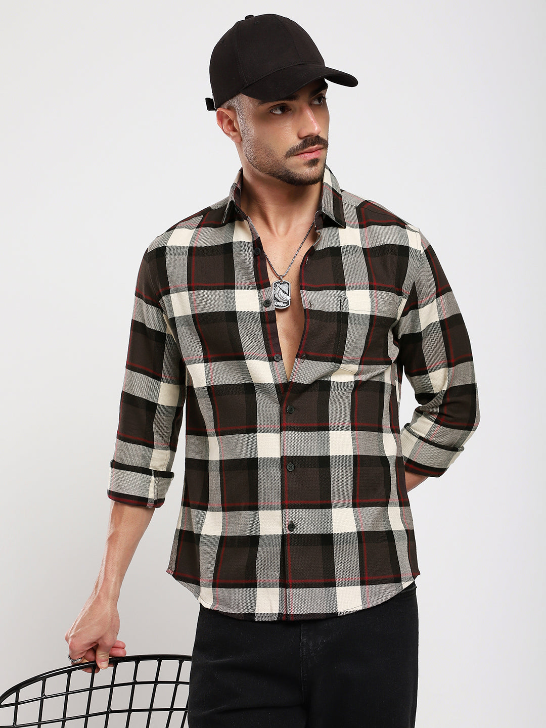 Premium Cotton Coffee Brown & White Plaid Checks Shirt