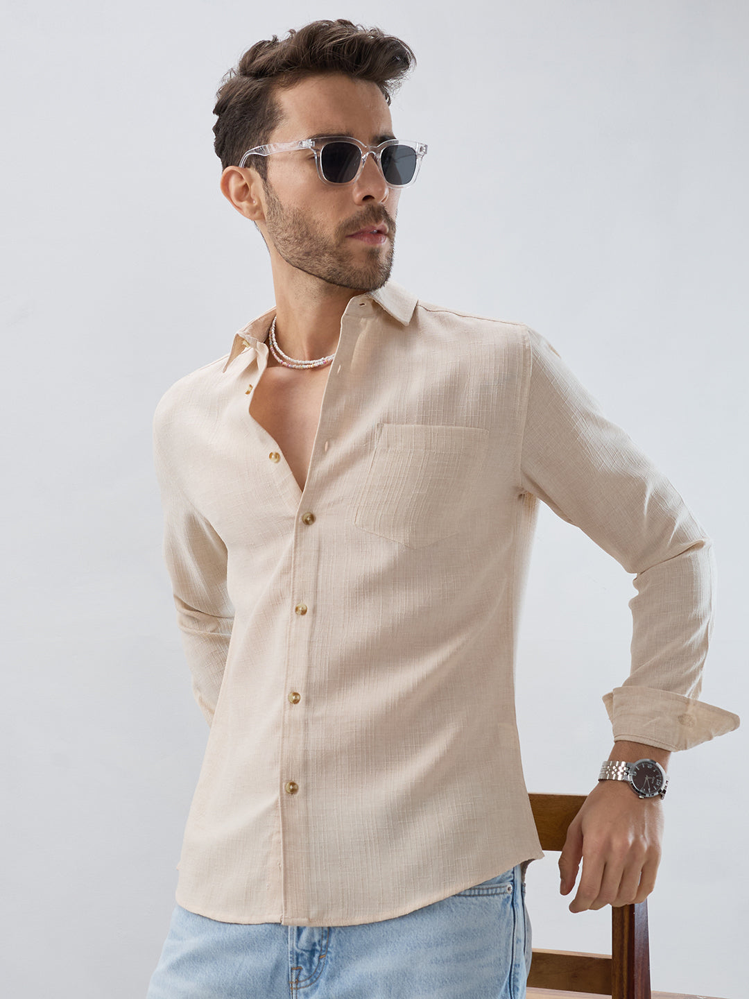 Elegant Cream Slub Textured Shirt