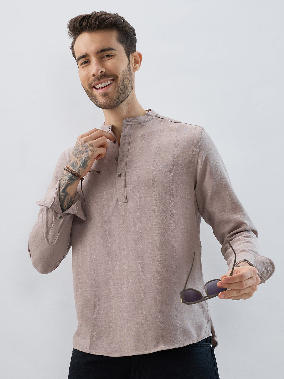 Taupe Lozenge Weave Striped Kurta