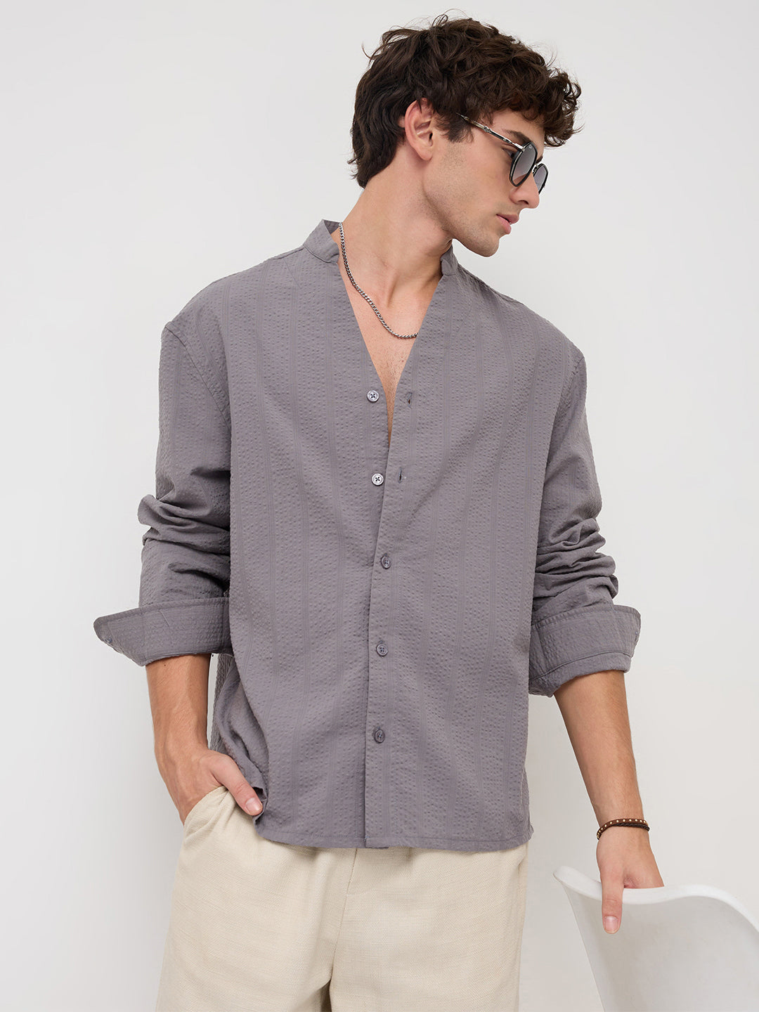 Grey Seersucker Striped Stand Collar Oversized Shirt