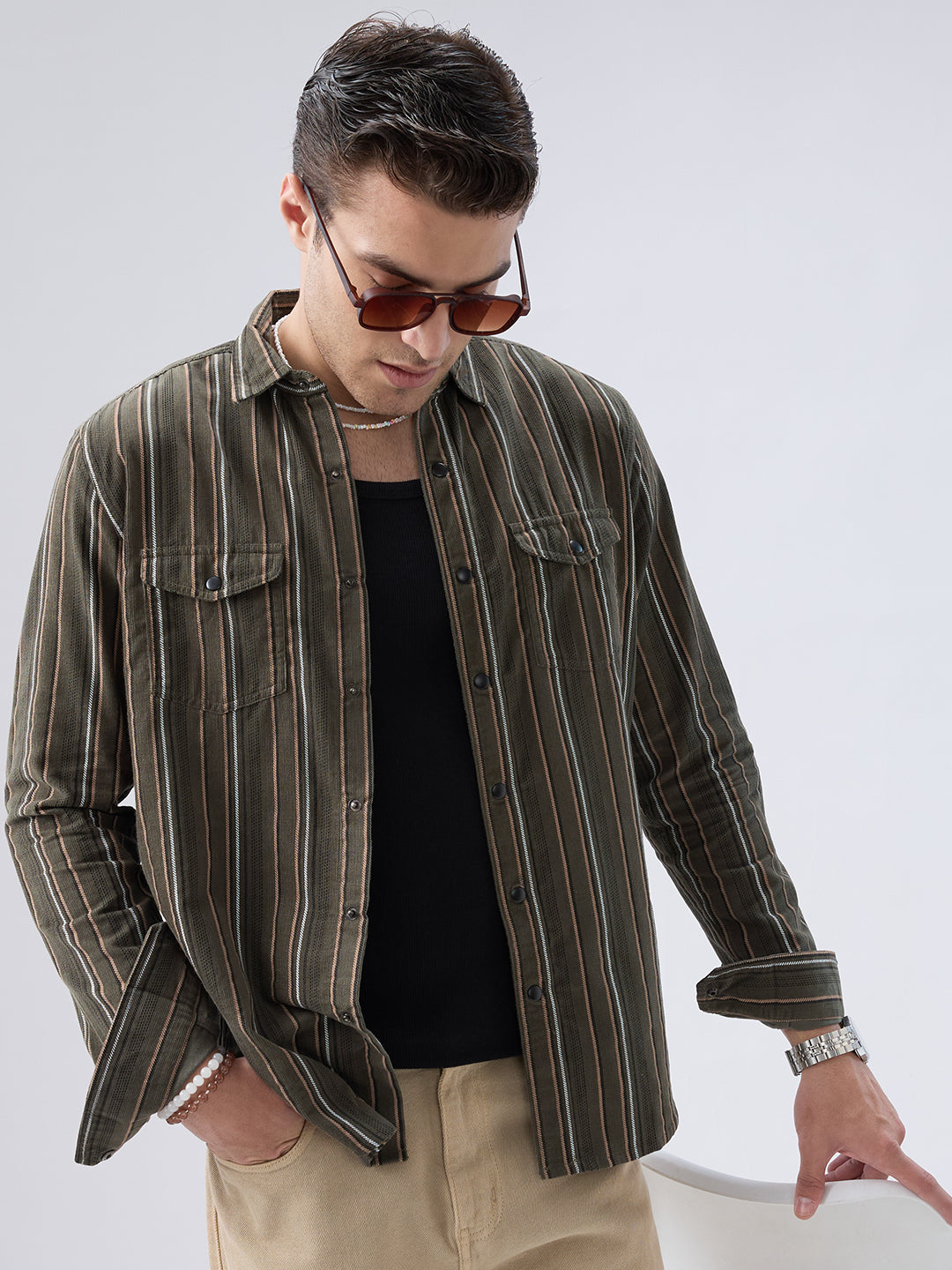 Forest Vibe Multi-Stripe Olive Twin Pocket Corduroy Shirt