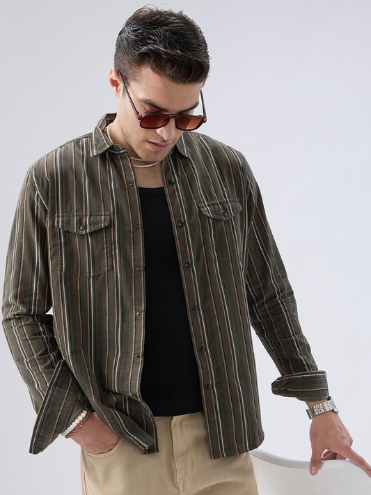 Forest Vibe Multi-Stripe Olive Twin Pocket Corduroy Shirt