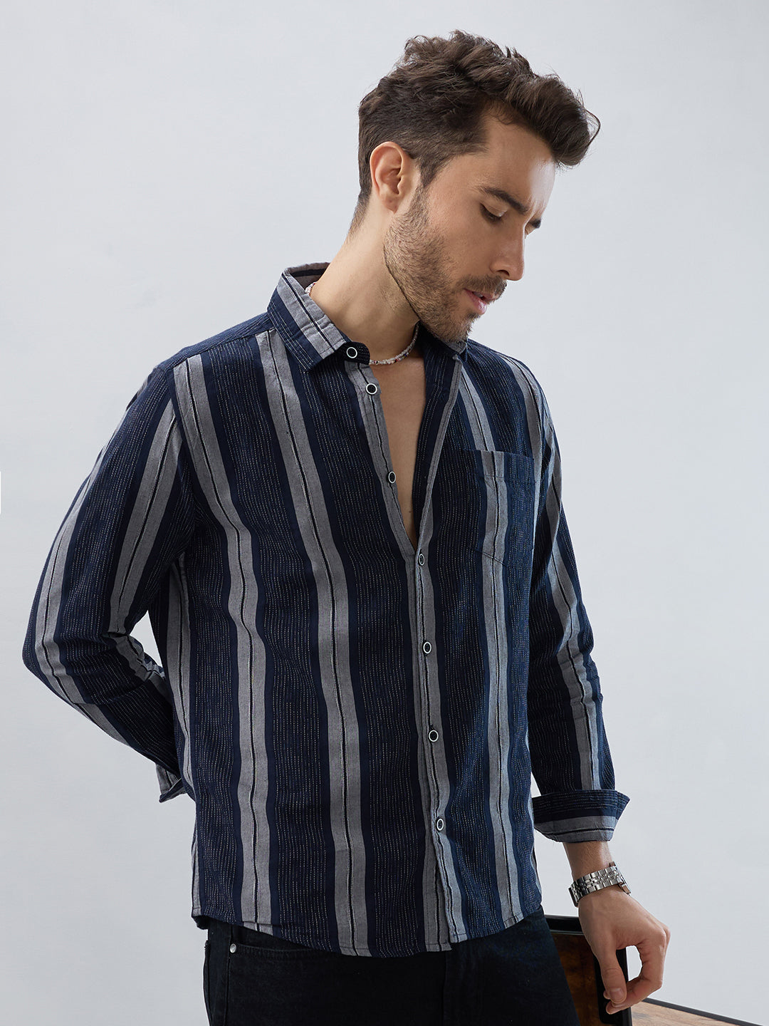 Navy Contrast Stitch Vertical Stripe Jacquard Shirt