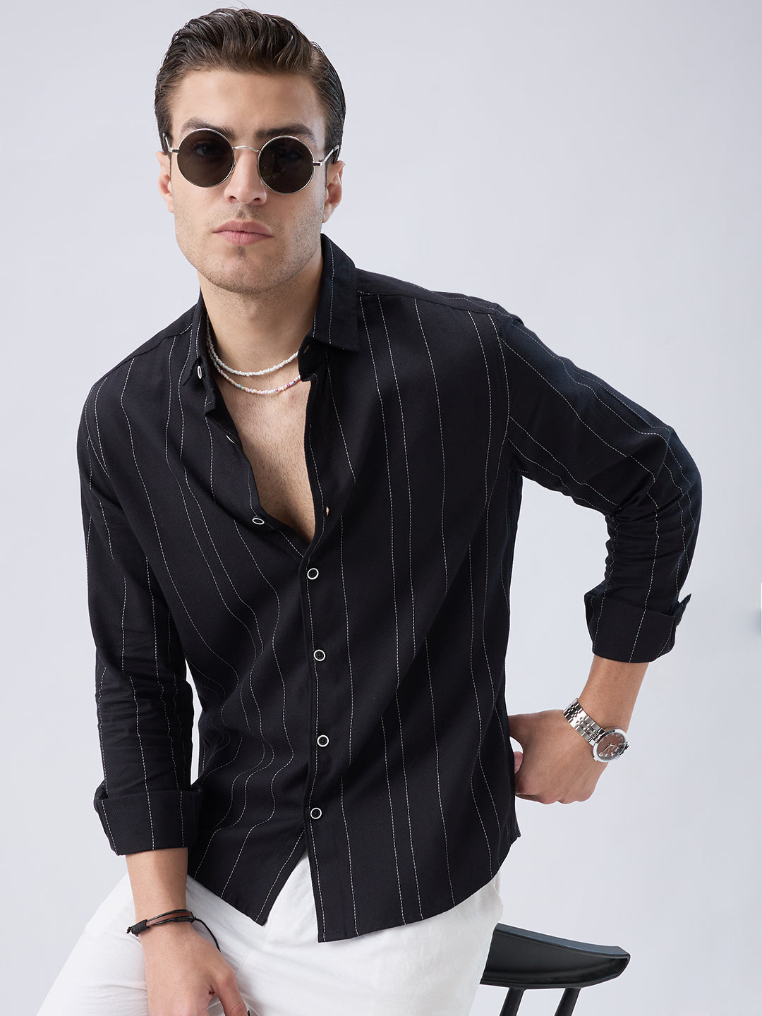 Black Contrast Stitch Vertical Striped Shirt