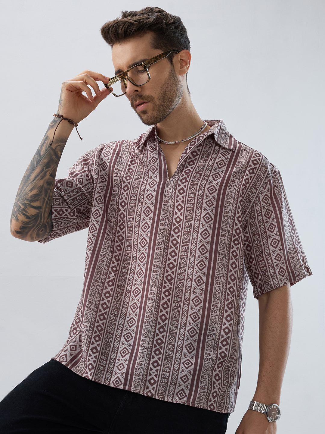Pecan Brown Geometric Printed Oversized Polo Shirt