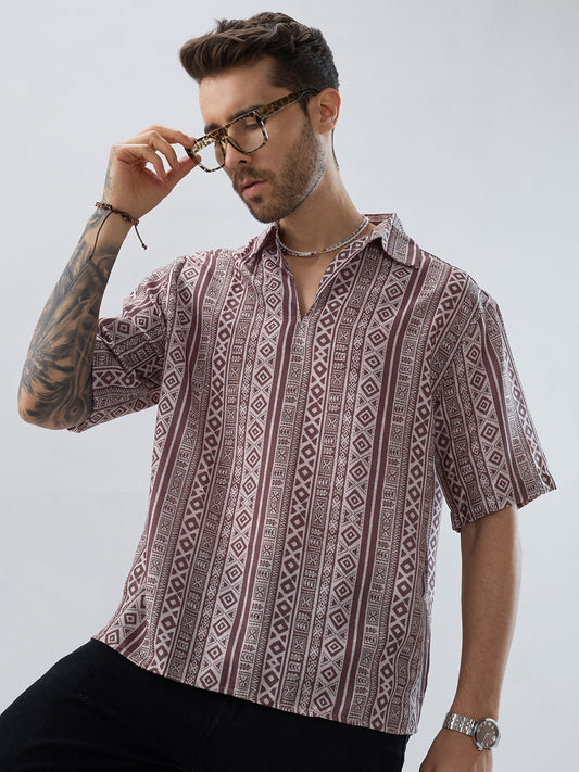 Pecan Brown Geometric Printed Oversized Polo Shirt