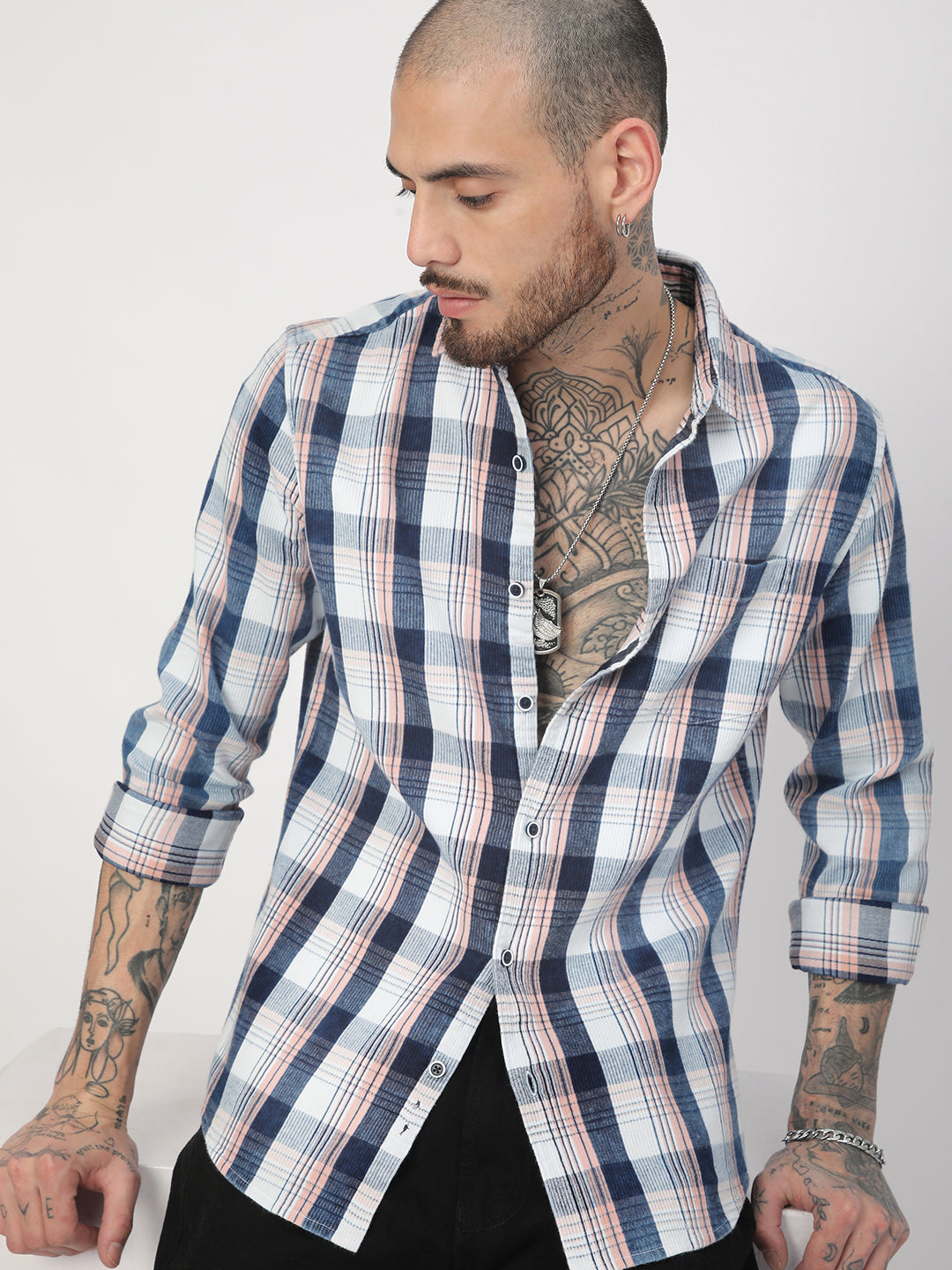 Denim Peach & Navy Plaid Checks Shirt