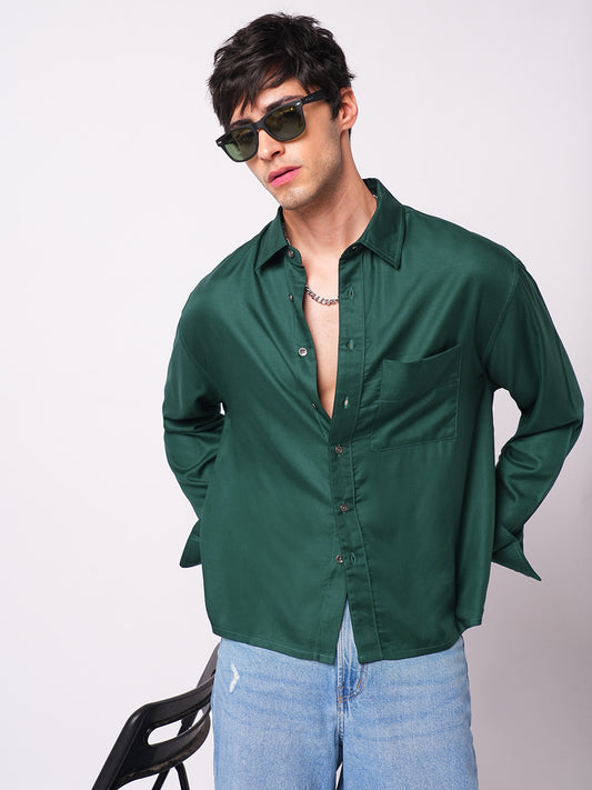 Solid Sacramento Green Boxy Fit Crop Shirt